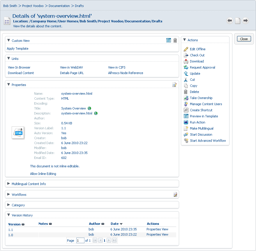 Properties and Version History details