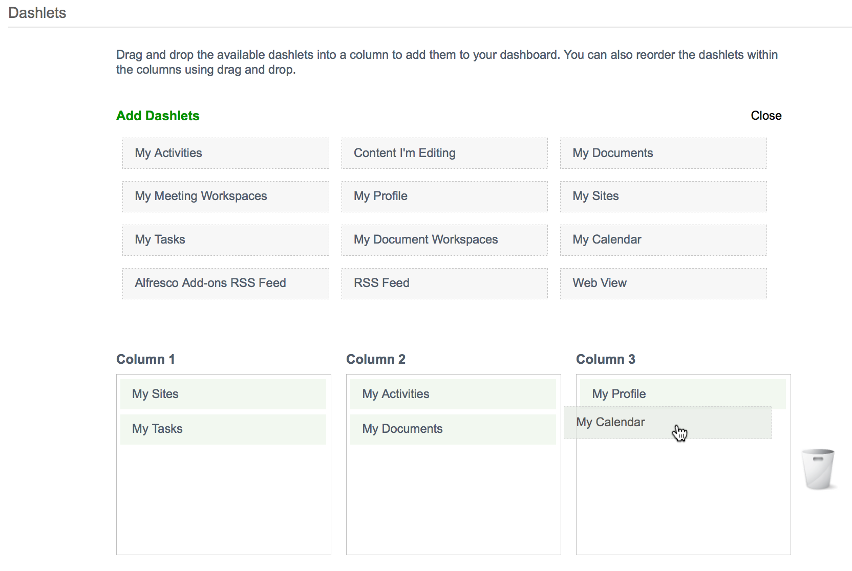 Customize User Dashboard: Add Dashlets