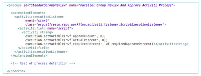 An XML fragment from a process definition that contains SkyVault-specific execution listener