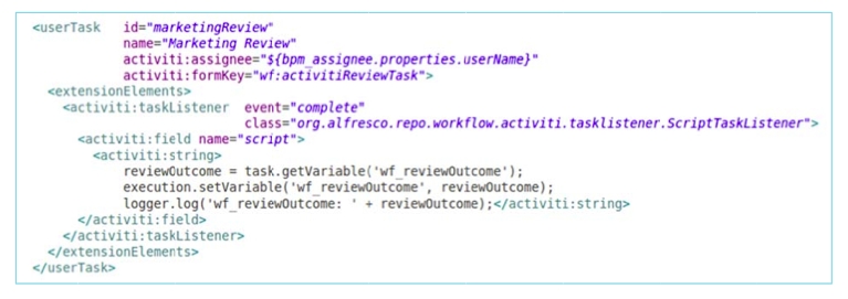 An XML fragment from a process definition that contains SkyVault-specific task listener