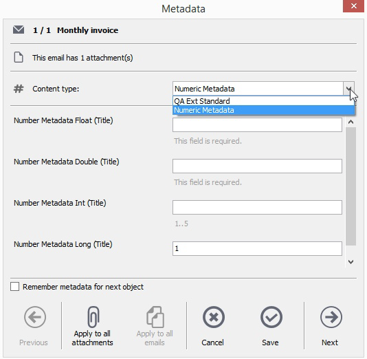 This screen capture shows the metadata dialog with a metadata selector and associated fields, plus icons for the actions listed.