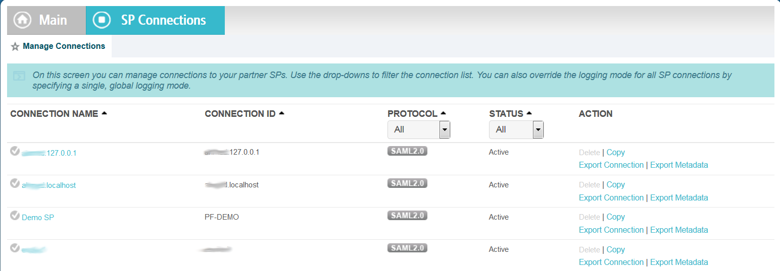 SP Connections screen in PingFederate